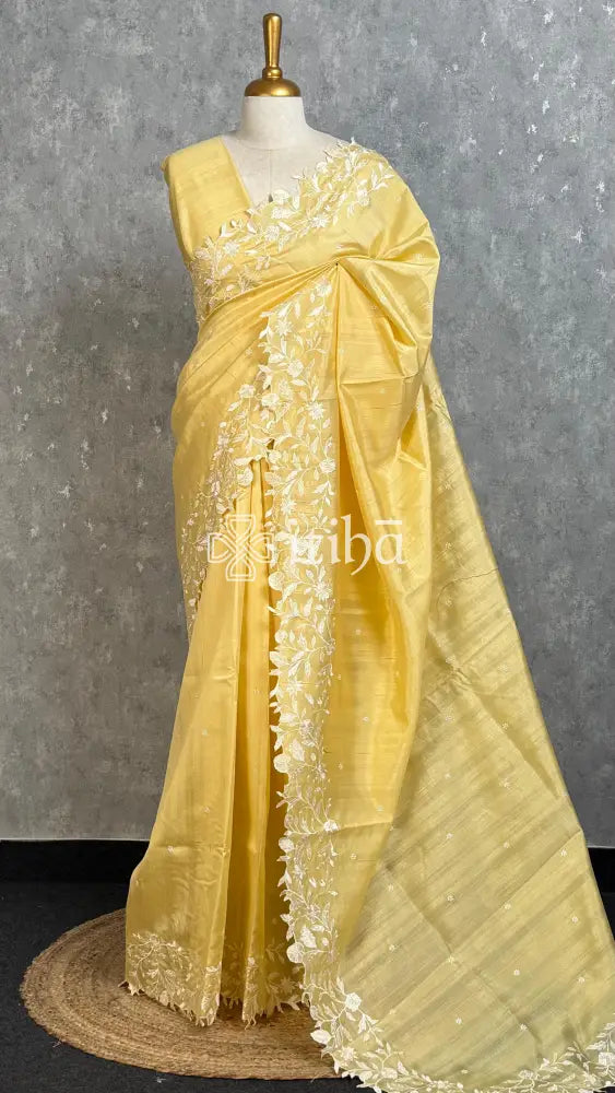 SEMI TUSSAR EMBROIDERY SAREE - Yellow