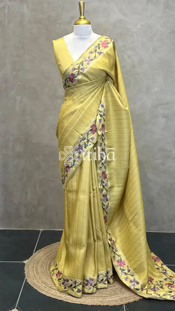 SEMI TUSSAR EMBROIDERY SAREE - Yellow