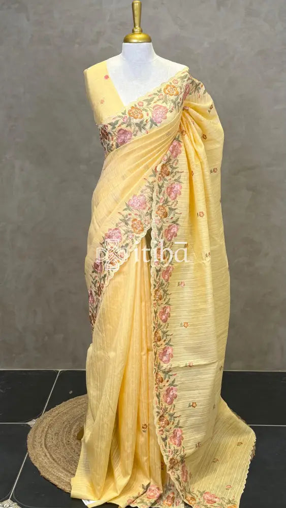 SEMI TUSSAR EMBROIDERY SAREE - Yellow