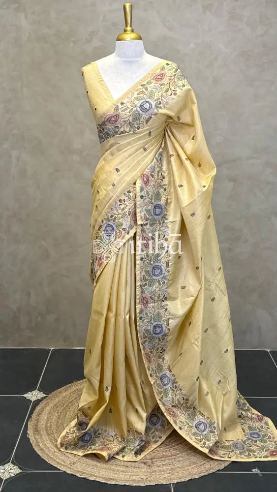 SEMI TUSSAR EMBROIDERY SAREE - Yellow