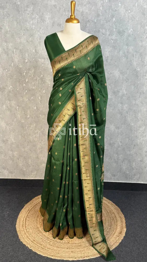 SEMI TUSSAR GEORGETTE BANARASI SAREE - BOTTLE GREEN