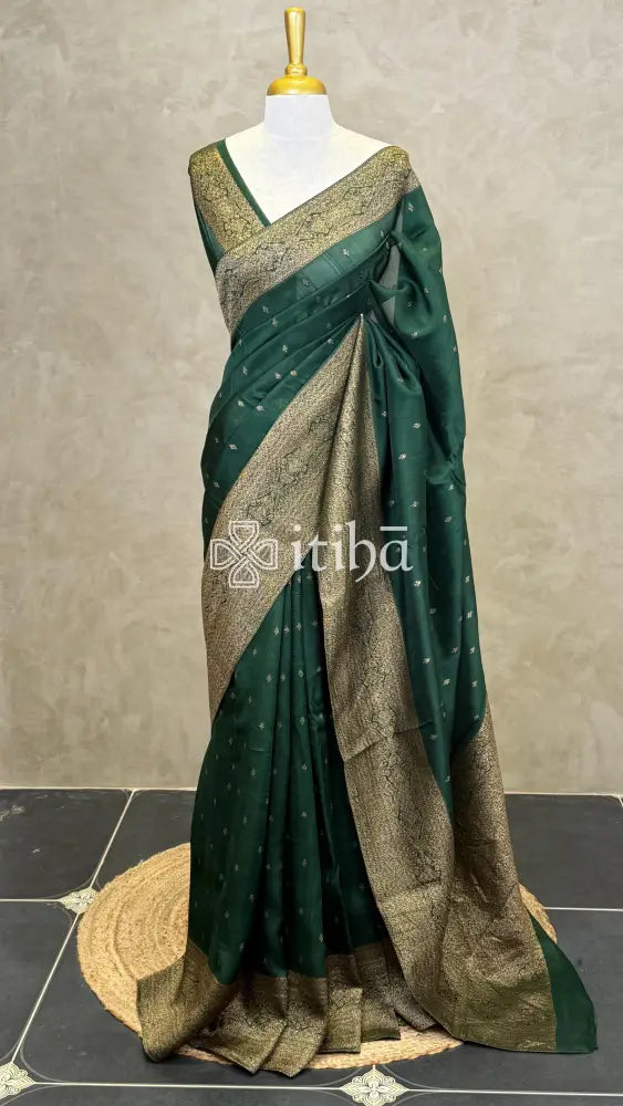 SEMI TUSSAR GEORGETTE BANARASI SAREE - BOTTLE GREEN