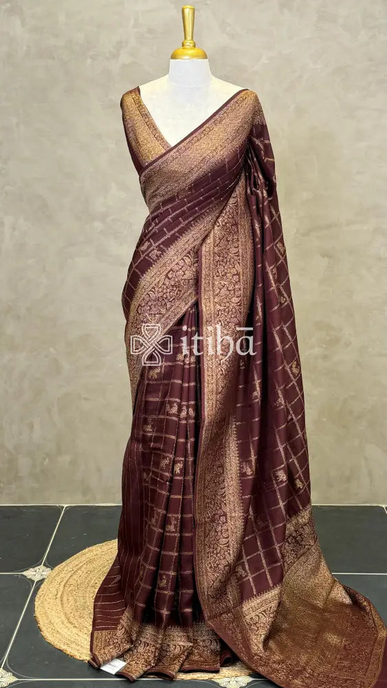 SEMI TUSSAR GEORGETTE BANARASI SAREE - DARK BROWN