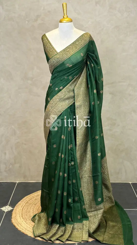 SEMI TUSSAR GEORGETTE BANARASI SAREE - DEEP GREEN