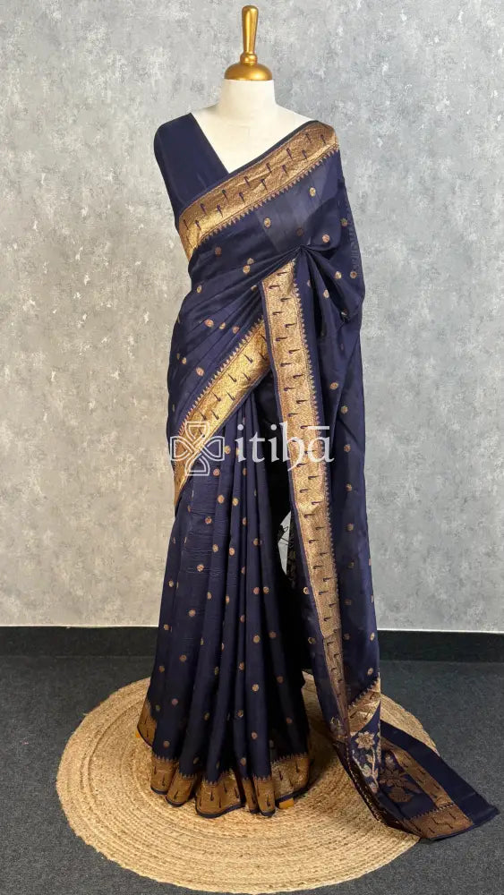 SEMI TUSSAR GEORGETTE BANARASI SAREE - Navy