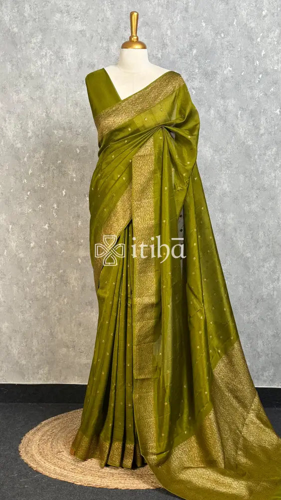 SEMI TUSSAR GEORGETTE BANARASI SAREE - olive green
