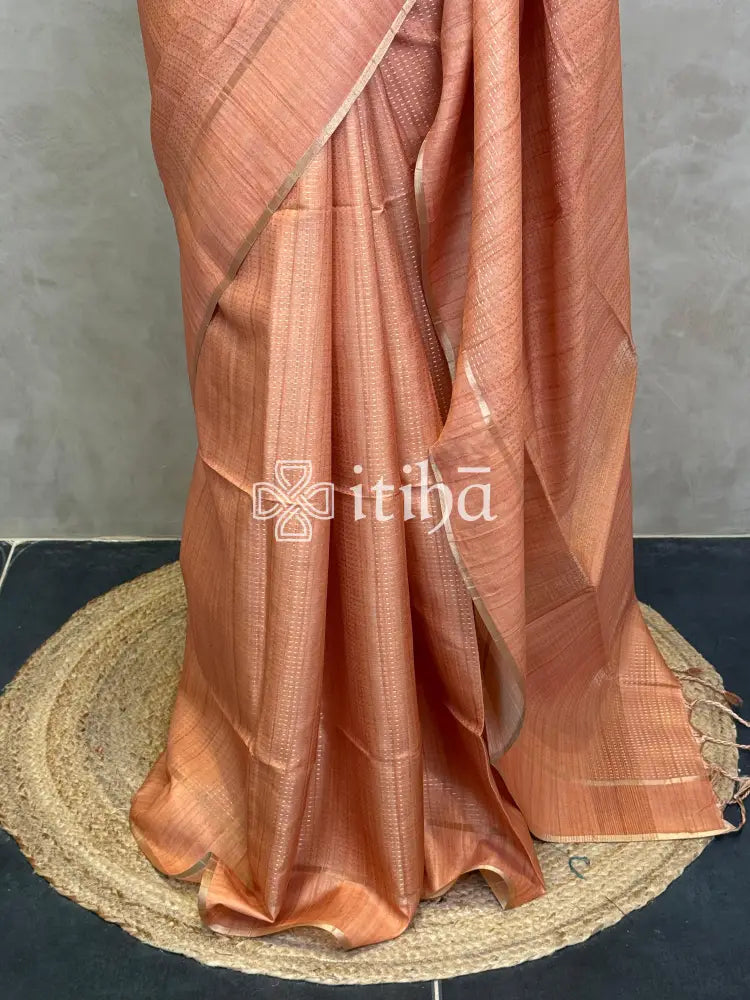 SEMI TUSSAR KANTHA STITCH EMBROIDERY SAREE - PASTEL PEACH