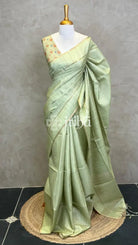 SEMI TUSSAR KANTHA STITCH EMBROIDERY SAREE - PASTEL PISTA GREEN