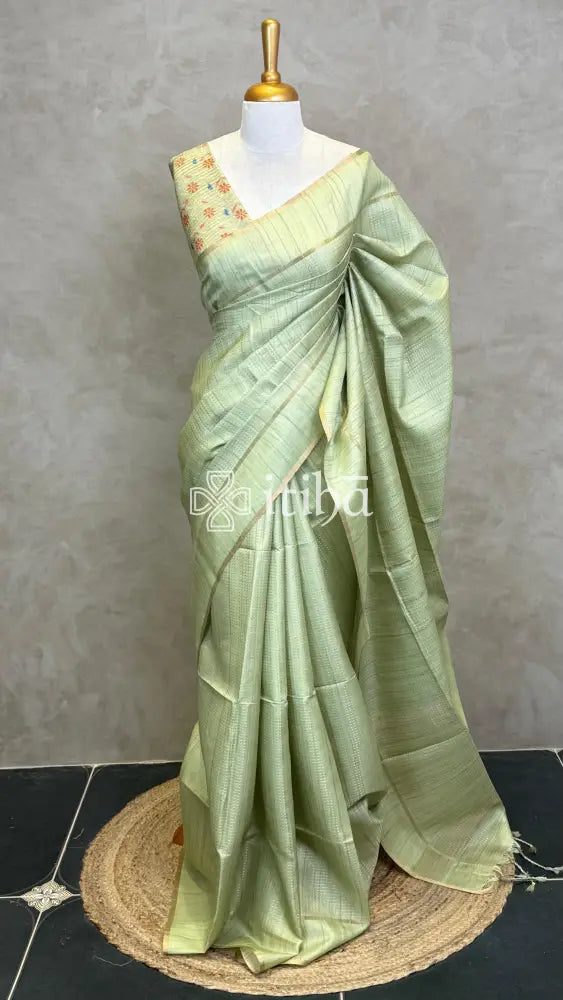 SEMI TUSSAR KANTHA STITCH EMBROIDERY SAREE - PASTEL PISTA GREEN
