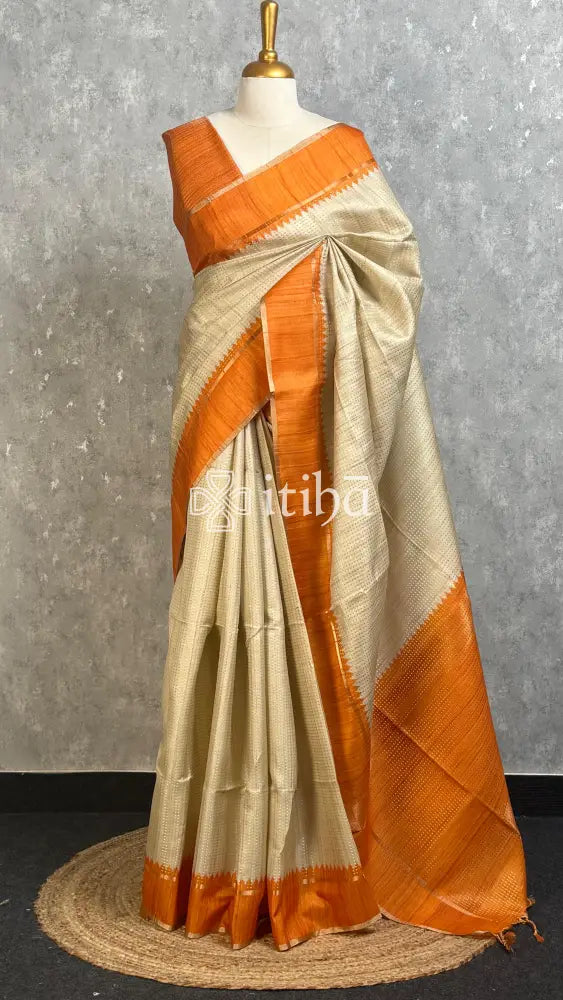 SEMI TUSSAR KANTHA WORK BANARASI SAREE - BRIGHT ORANGE