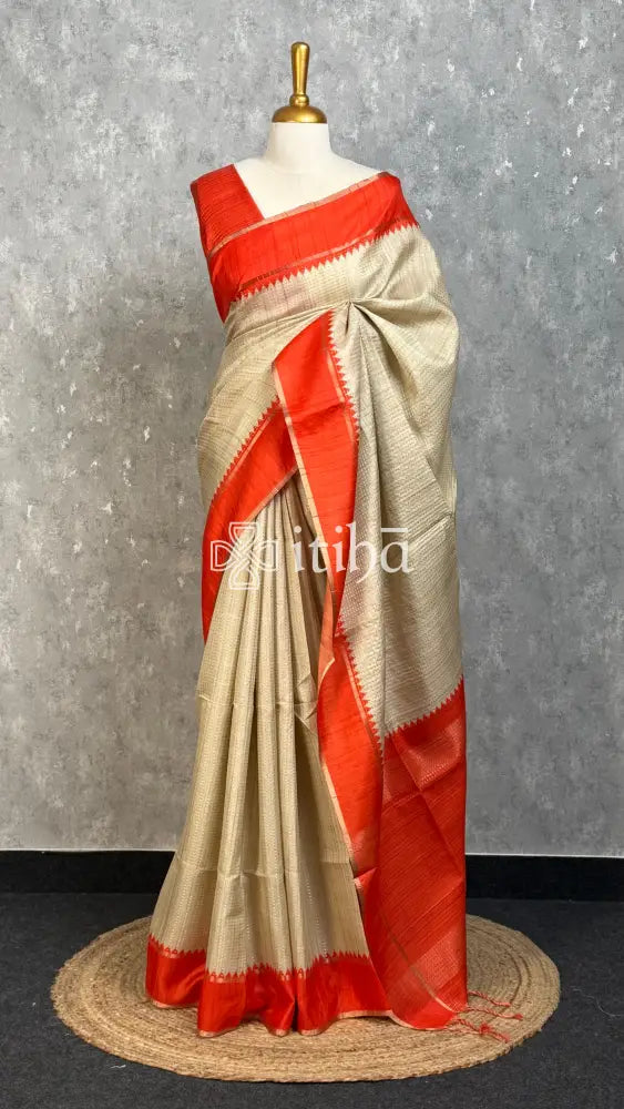 SEMI TUSSAR KANTHA WORK BANARASI SAREE - CORAL ORANGE