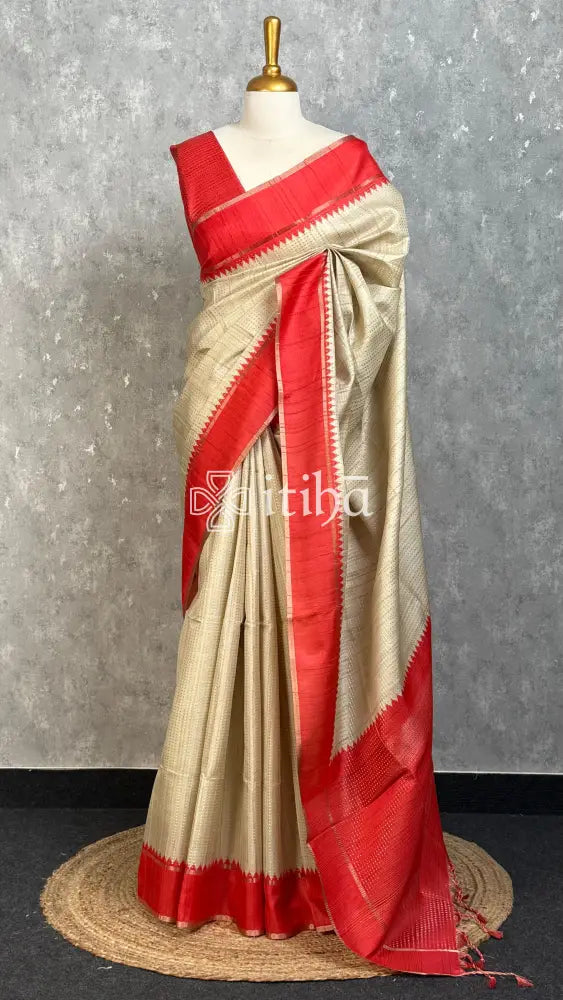 SEMI TUSSAR KANTHA WORK BANARASI SAREE - CORAL RED