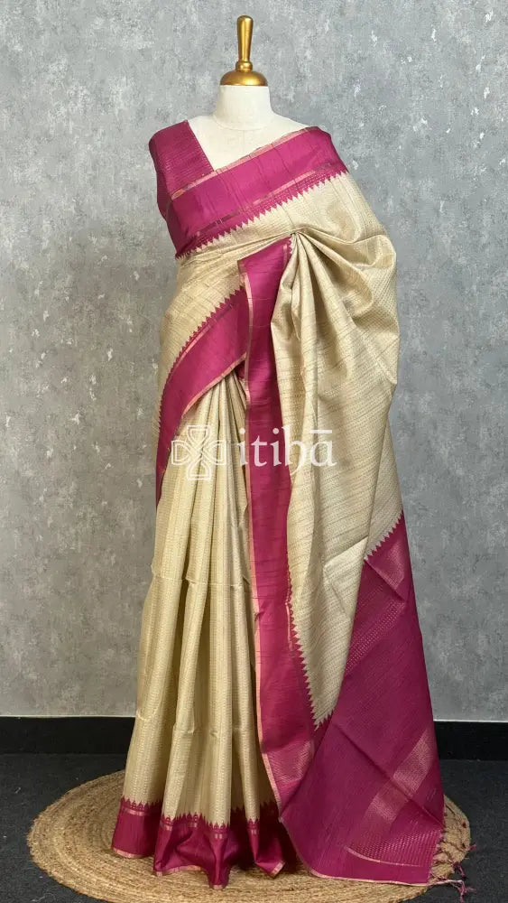 SEMI TUSSAR KANTHA WORK BANARASI SAREE - MAGENTA PINK