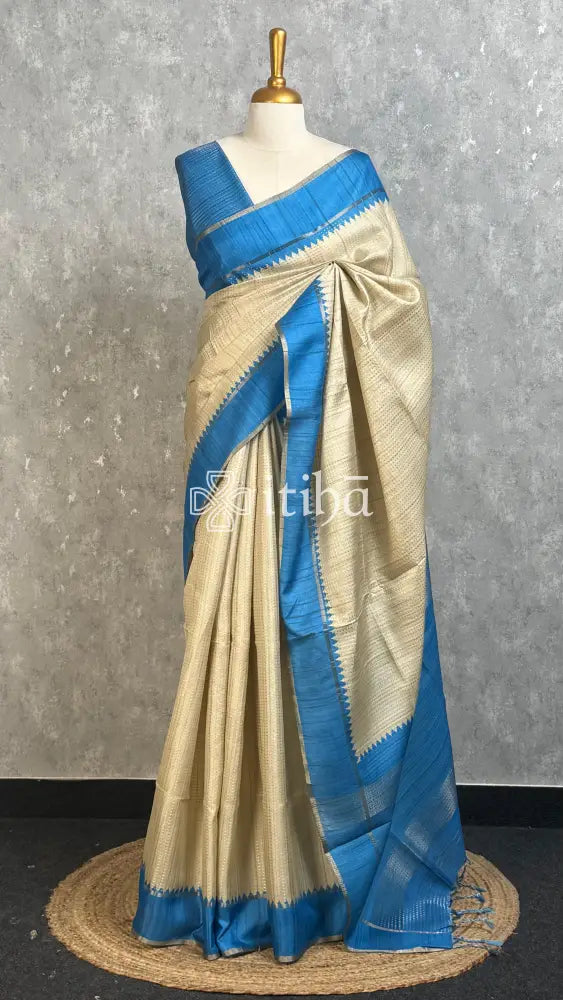 SEMI TUSSAR KANTHA WORK BANARASI SAREE - ROYAL BLUE