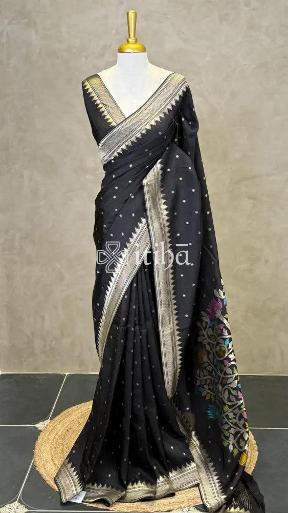 SEMI TUSSAR MEENAKARI BANARASI SAREE - Black