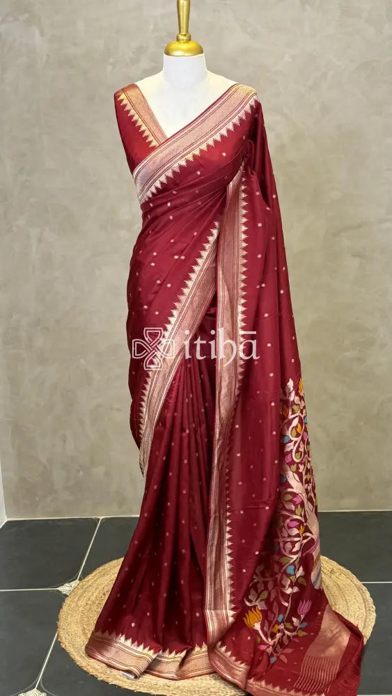 SEMI TUSSAR MEENAKARI BANARASI SAREE - BRICK MAROON