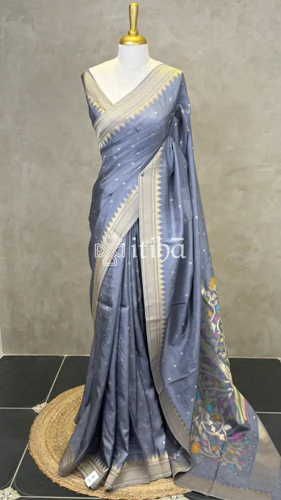 SEMI TUSSAR MEENAKARI BANARASI SAREE - GREYISH BLUE