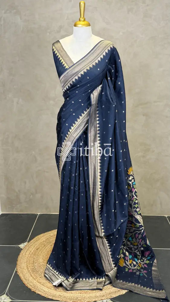 SEMI TUSSAR MEENAKARI BANARASI SAREE - NAVY BLUE