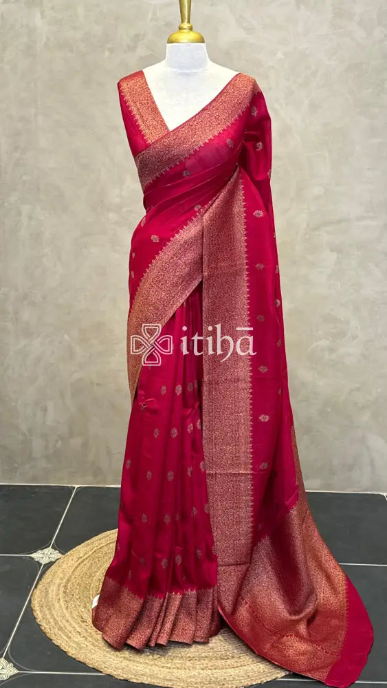 SEMI TUSSAR MEENAKARI BANARASI SAREE - RED PINK