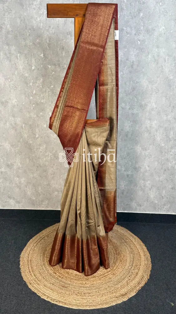 SEMI TUSSAR WEAVING CONTRA BANARASI SAREE - Beige