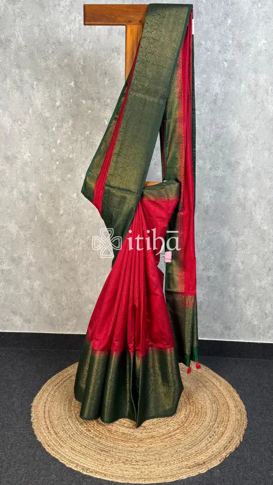 SEMI TUSSAR WEAVING CONTRA BANARASI SAREE - MUTED RED