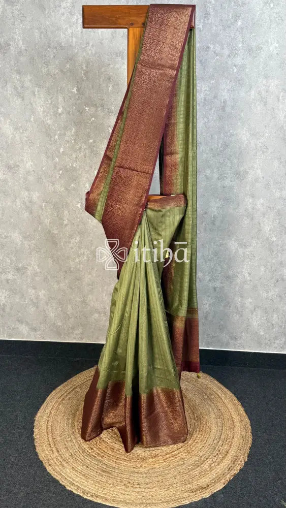 SEMI TUSSAR WEAVING CONTRA BANARASI SAREE - olive green