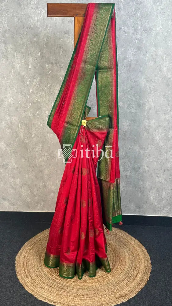 SEMI TUSSAR WEAVING CONTRA BANARASI SAREE - Red