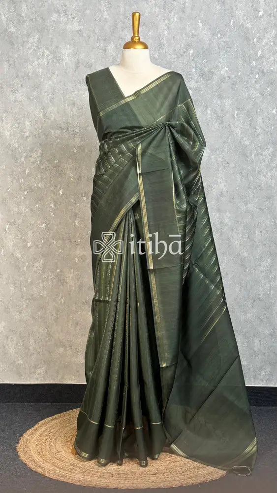 SEMI TUSSAR ZARI STRIPES BANARASI SAREES - DARK OLIVE