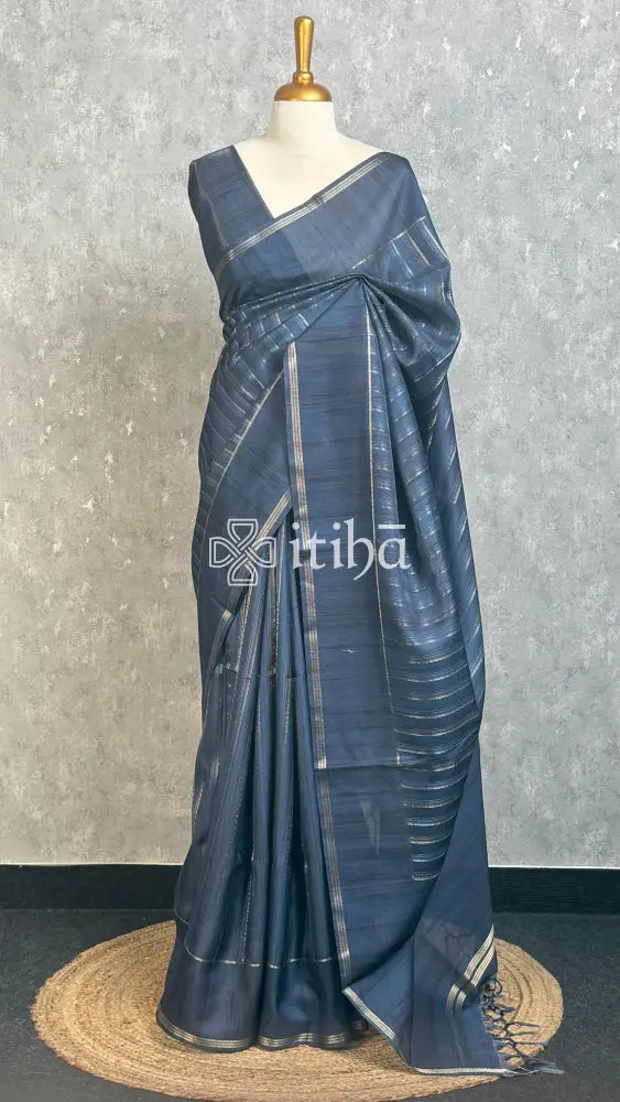 SEMI TUSSAR ZARI STRIPES BANARASI SAREES - DEEP BLUE