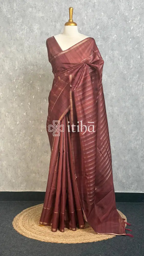 SEMI TUSSAR ZARI STRIPES BANARASI SAREES - RICH MAROON