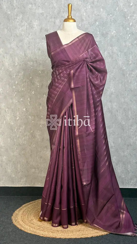 SEMI TUSSAR ZARI STRIPES BANARASI SAREES - WINE PURPLE
