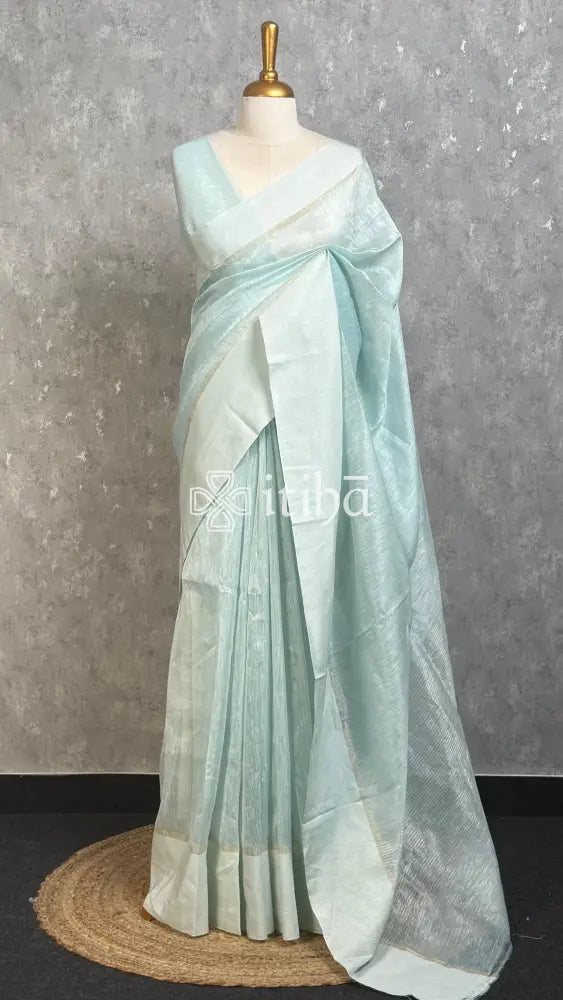 SILK LINEN SATIN BORDER BANARASI SAREE - light blue