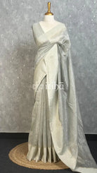 SILK LINEN SATIN BORDER BANARASI SAREE - LIGHT GREY