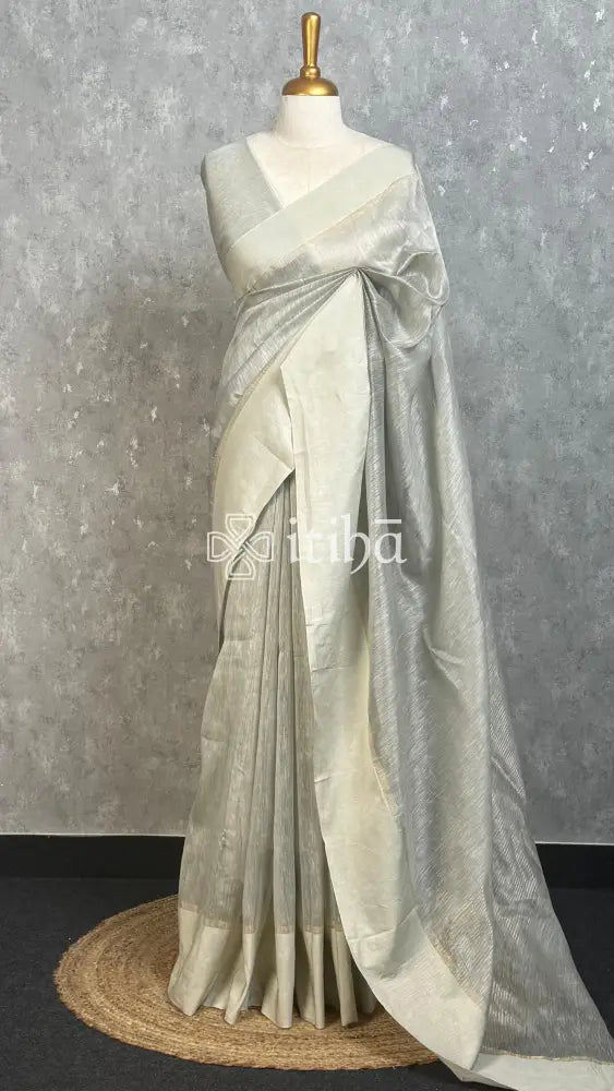 SILK LINEN SATIN BORDER BANARASI SAREE - LIGHT GREY