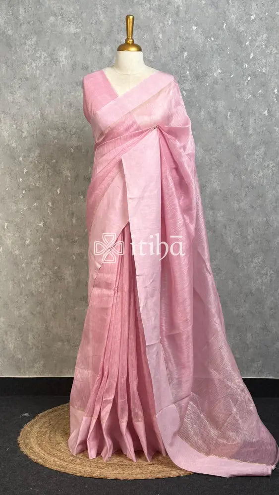 SILK LINEN SATIN BORDER BANARASI SAREE - LIGHT PINK