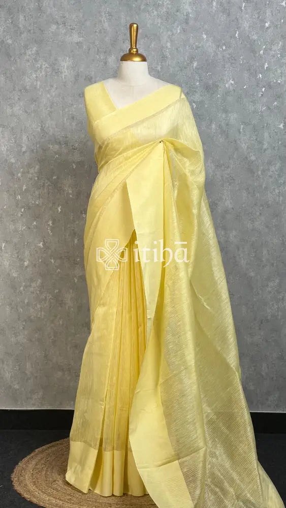 SILK LINEN SATIN BORDER BANARASI SAREE - LIGHT YELLOW