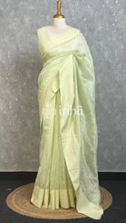 SILK LINEN SATIN BORDER BANARASI SAREE - PISTA GREEN