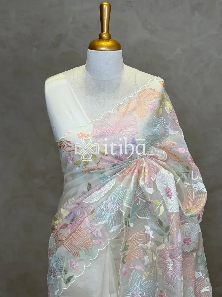 SILK ORGANZA 3D APPLIQUE EMBROIDERY SAREE