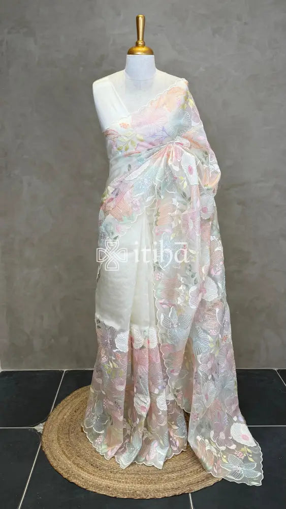 SILK ORGANZA 3D APPLIQUE EMBROIDERY SAREE - PALE WHITE
