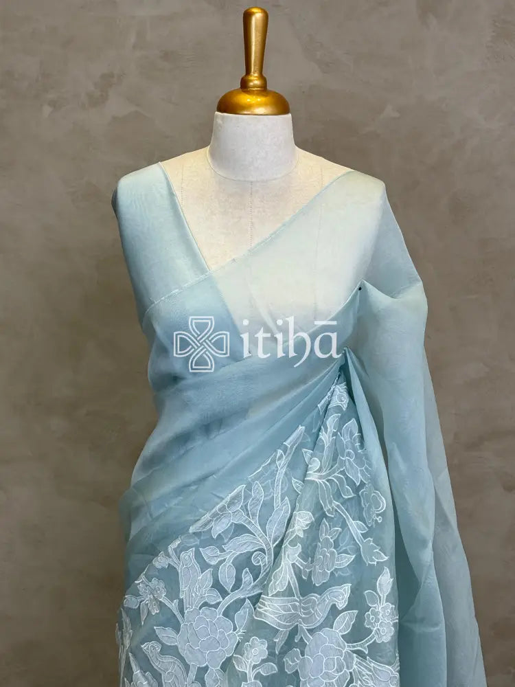 SILK ORGANZA APPLIQUE EMBROIDERY SAREE