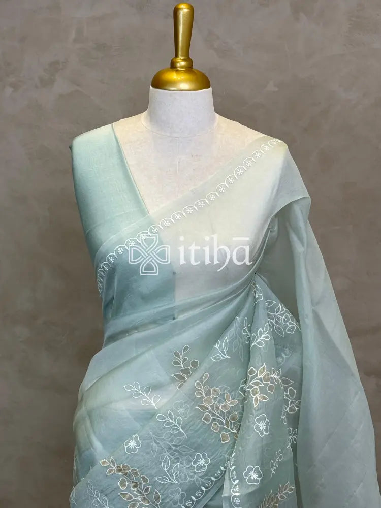 SILK ORGANZA APPLIQUE EMBROIDERY SAREE