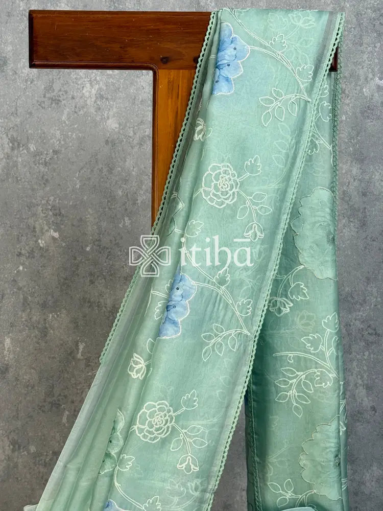 SILK ORGANZA APPLIQUE EMBROIDERY SAREE
