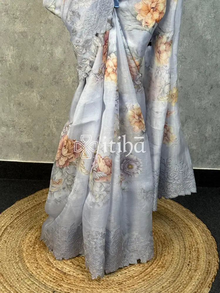 SILK ORGANZA APPLIQUE EMBROIDERY SAREE