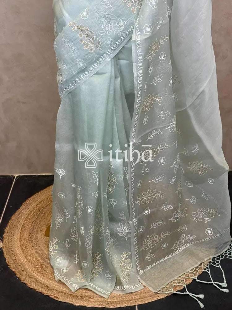 SILK ORGANZA APPLIQUE EMBROIDERY SAREE
