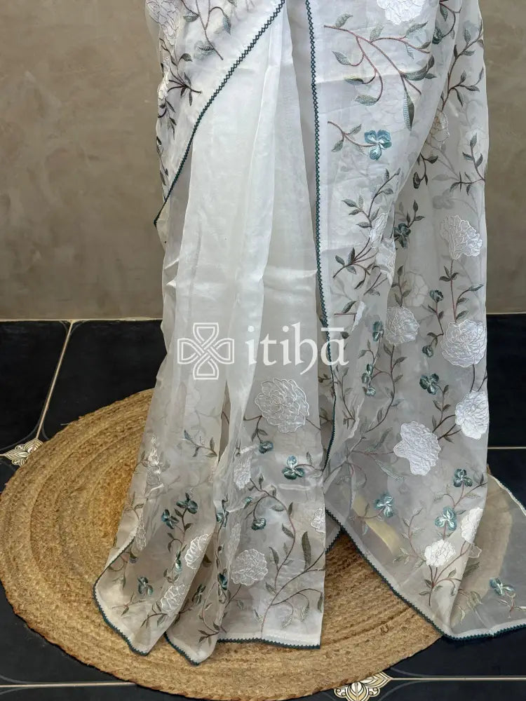 SILK ORGANZA APPLIQUE EMBROIDERY SAREE