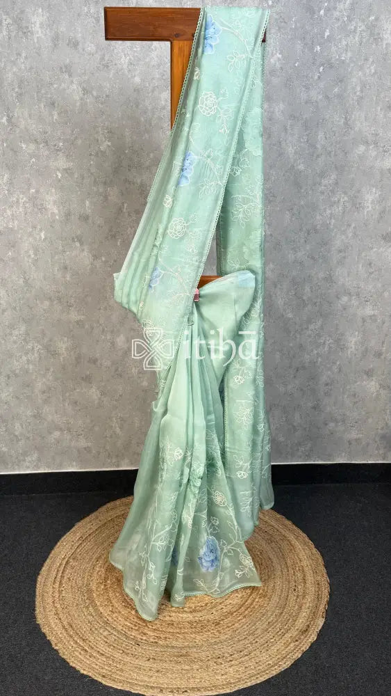 SILK ORGANZA APPLIQUE EMBROIDERY SAREE