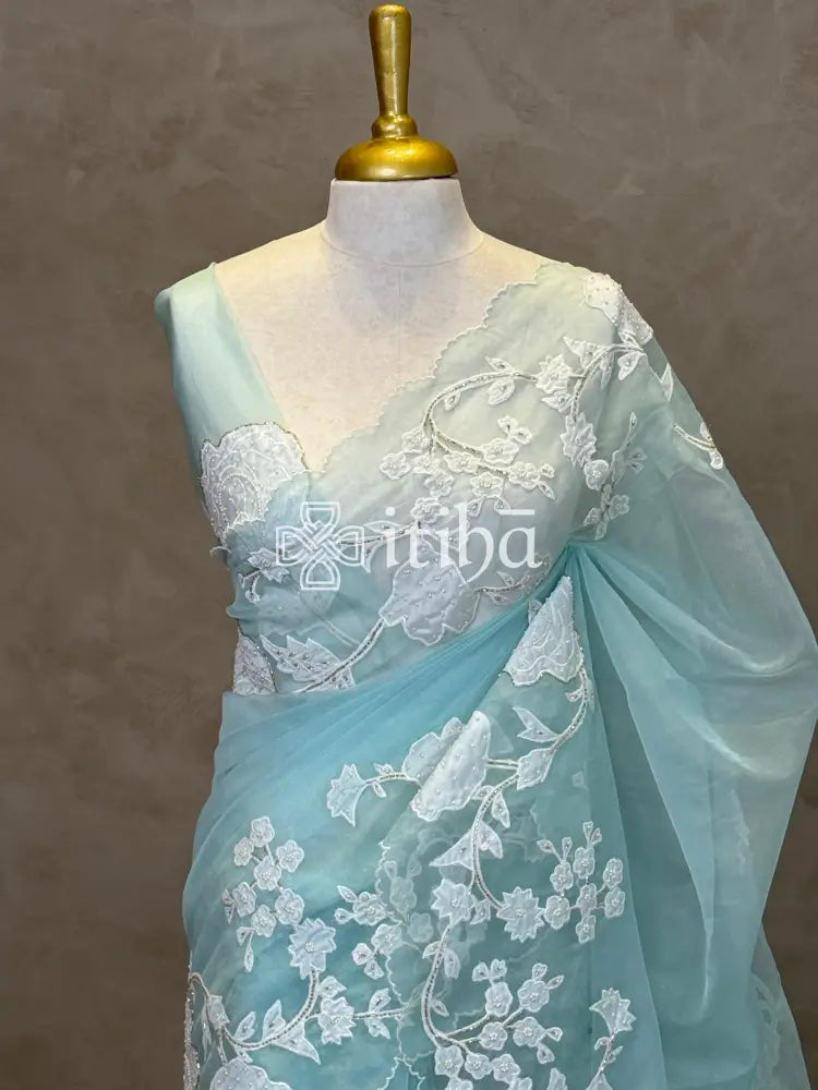 SILK ORGANZA APPLIQUE EMBROIDERY SAREE