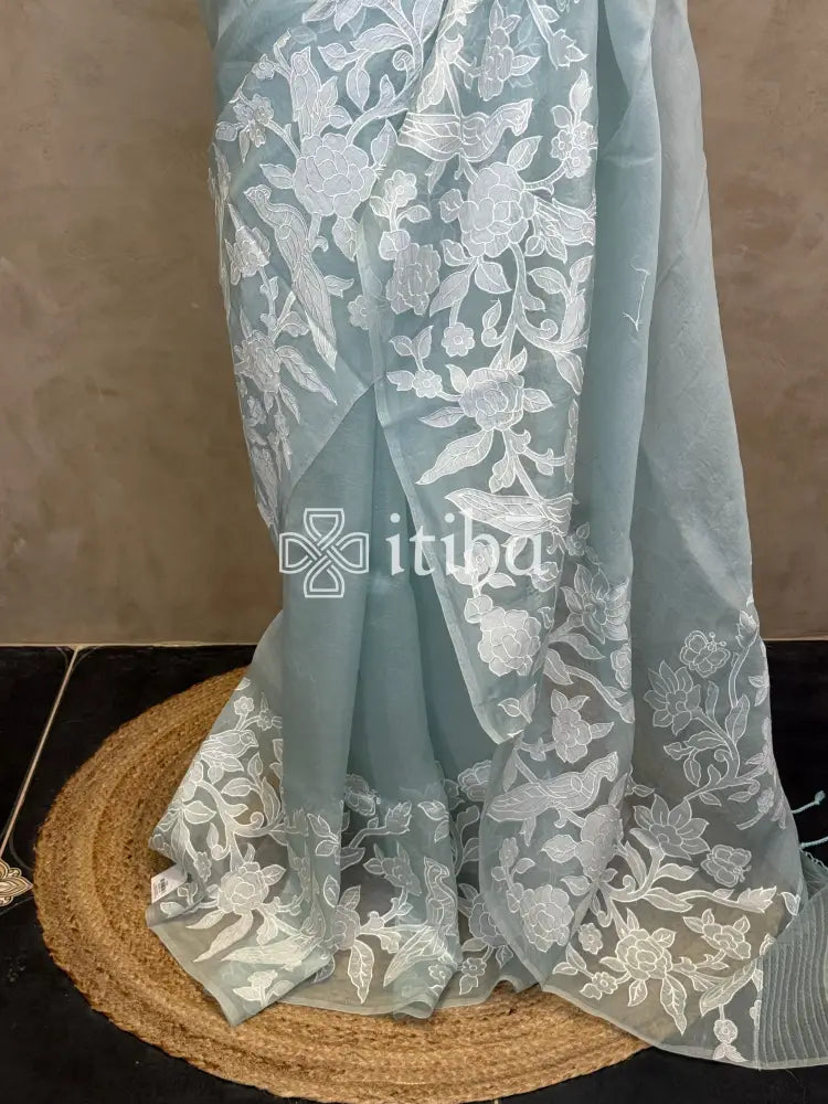 SILK ORGANZA APPLIQUE EMBROIDERY SAREE