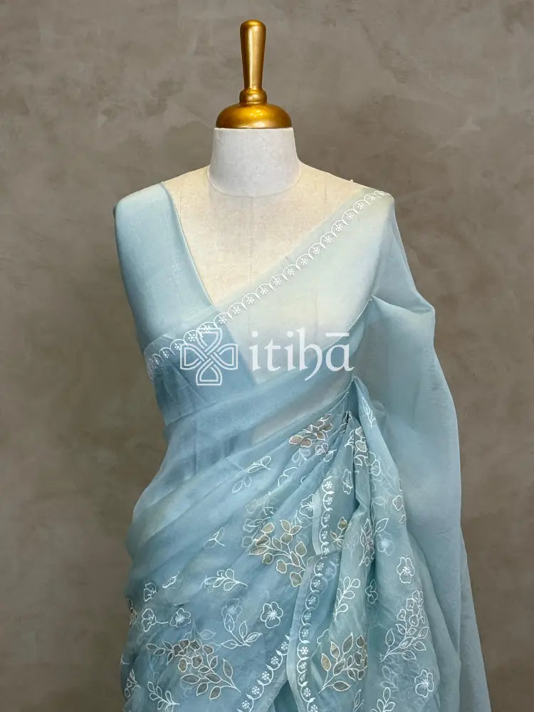 SILK ORGANZA APPLIQUE EMBROIDERY SAREE