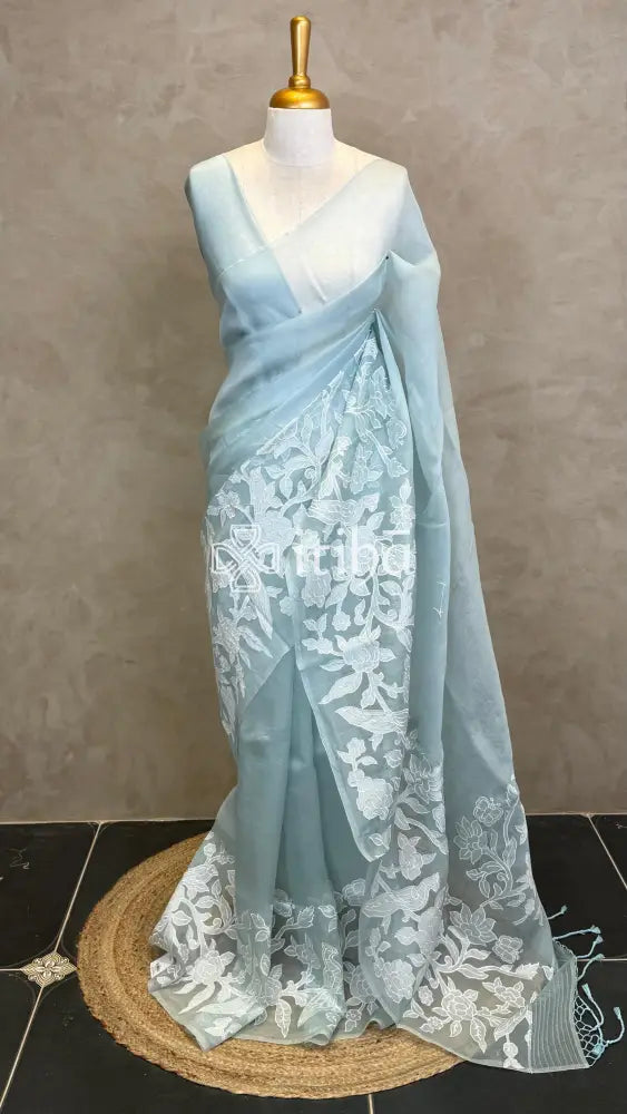 SILK ORGANZA APPLIQUE EMBROIDERY SAREE - AQUA BLUE
